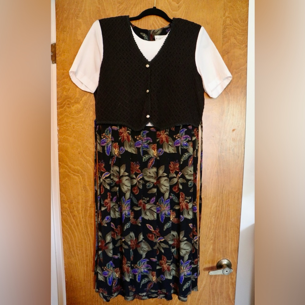 VINTAGE Miss Dorby Floral Black Midi Dress with Vest